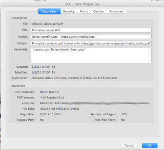 Details of a Test PDF labels generated by PHP Print Labels to PDF package